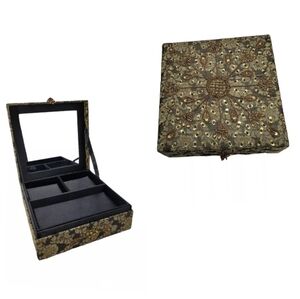 Vintage Embroidered Fabric Jewelry Box with tray & Mirror 8" × 8" × 3"